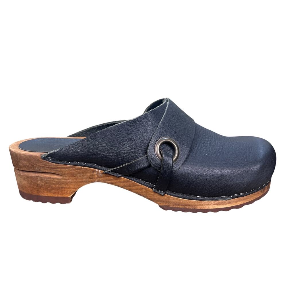 Sanita Black Leather Wooden Clogs Women's Size 40 US 9.5–10